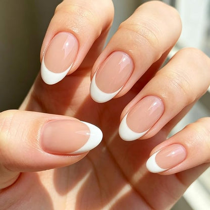 modelones French Tip Press On Nails Short Almond 32Pcs 16 Sizes Reusable