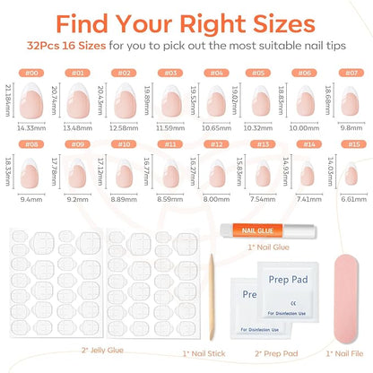 modelones French Tip Press On Nails Short Almond 32Pcs 16 Sizes Reusable