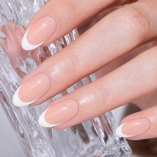 modelones French Tip Press On Nails Short Almond 32Pcs 16 Sizes Reusable