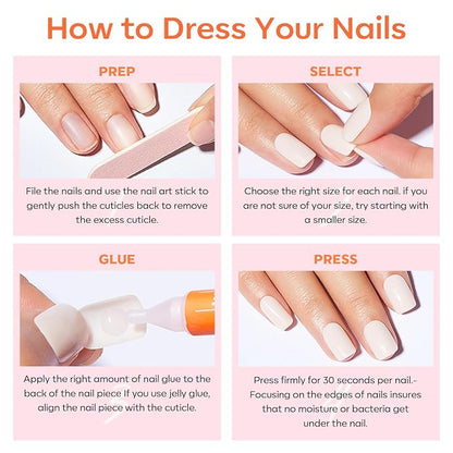 modelones French Tip Press On Nails Short Almond 32Pcs 16 Sizes Reusable