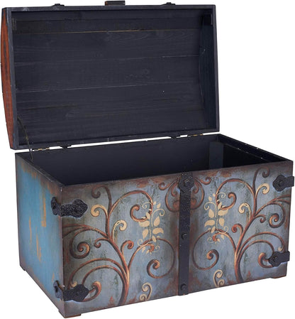 Vintage Wood Storage Trunk, Large, Blue Body/Brown Lid/Floral Design