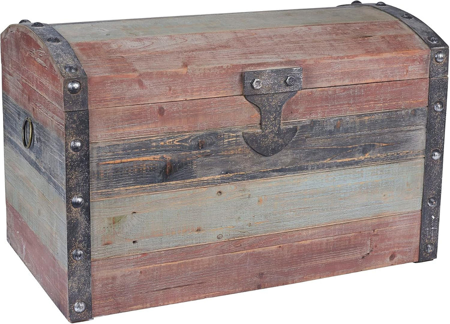 Large Wooden Storage Trunk, Weathered Wood with Paint Finish, Hinged Lid with Metal Accents