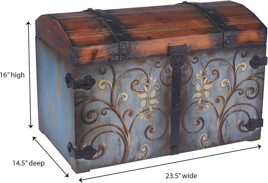 Vintage Wood Storage Trunk, Large, Blue Body/Brown Lid/Floral Design