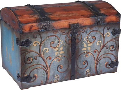 Vintage Wood Storage Trunk, Large, Blue Body/Brown Lid/Floral Design